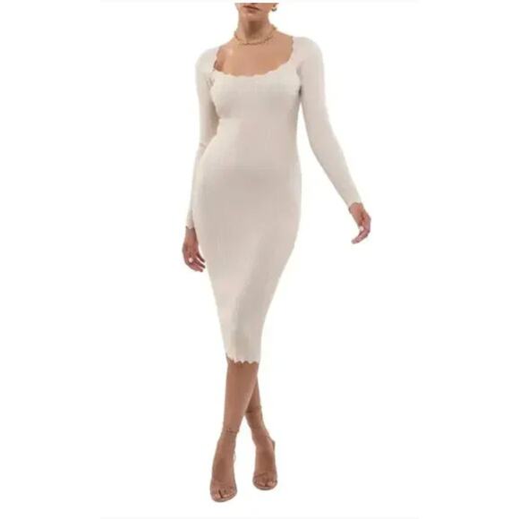 The Workshop-Tight Dress-Women-Large-Cream Ribbed Long Sleeve- *TEAR AT COLLAR - Picture 1 of 6